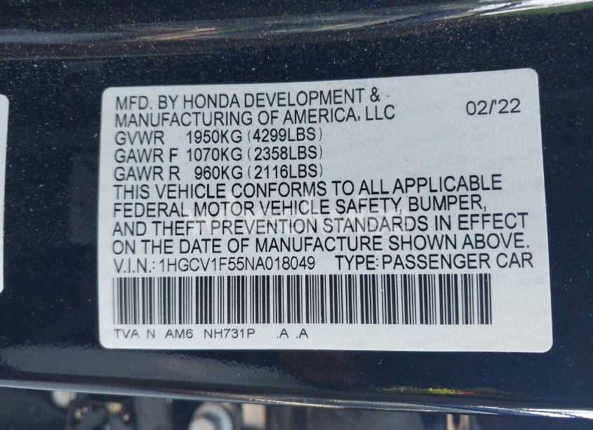 Photo 9 of 2022 Honda Accord EX-L (VIN 1HGCV1F55NA018049)