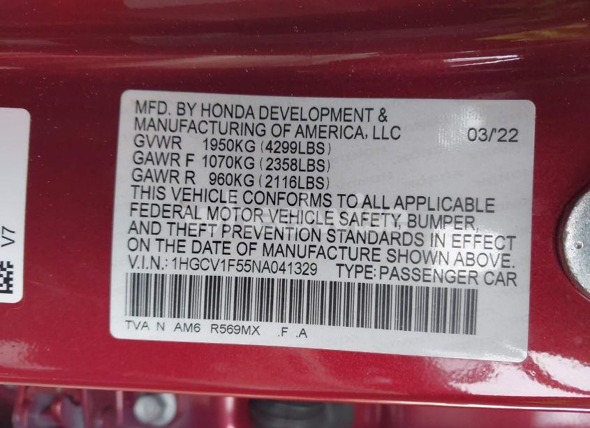 Photo 9 of 2022 Honda Accord EX-L (VIN 1HGCV1F55NA041329)