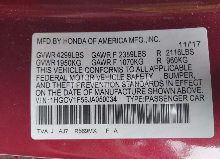 Photo 9 of 2018 Honda Accord EX-L (VIN 1HGCV1F56JA050034)