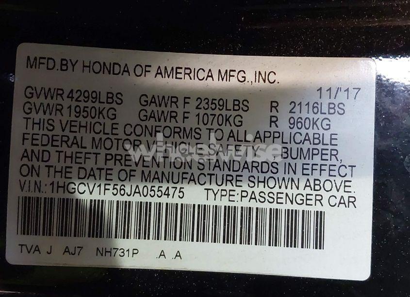 Photo 9 of 2018 Honda Accord EX-L (VIN 1HGCV1F56JA055475)