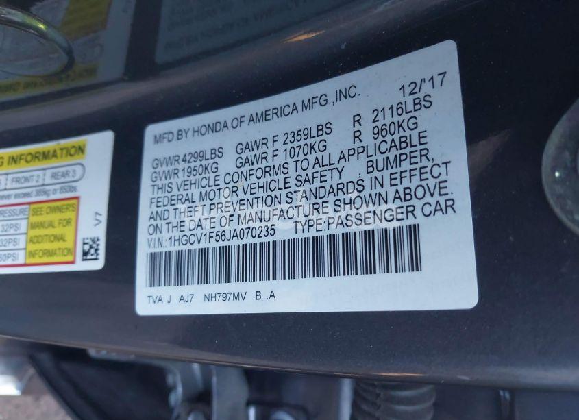 Photo 9 of 2018 Honda Accord EX-L (VIN 1HGCV1F56JA070235)