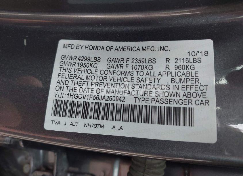 Photo 9 of 2018 Honda Accord EX-L (VIN 1HGCV1F56JA260942)