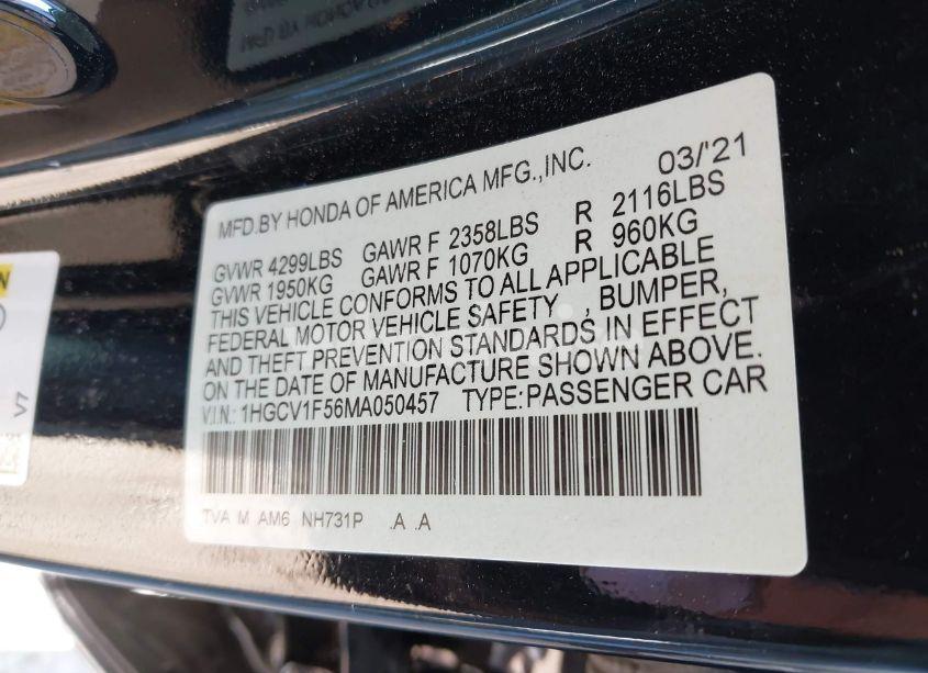 Photo 9 of 2021 Honda Accord EX-L (VIN 1HGCV1F56MA050457)