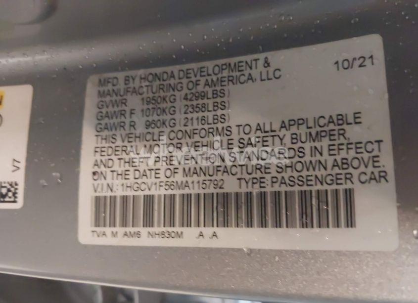 Photo 9 of 2021 Honda Accord EX-L (VIN 1HGCV1F56MA115792)