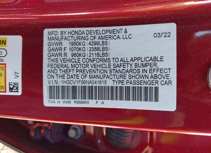 Photo 9 of 2022 Honda Accord EX-L (VIN 1HGCV1F56NA041615)