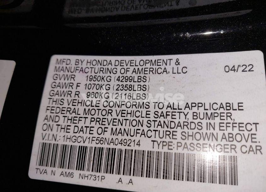 Photo 9 of 2022 Honda Accord EX-L (VIN 1HGCV1F56NA049214)