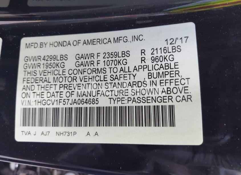 Photo 9 of 2018 Honda Accord EX-L (VIN 1HGCV1F57JA064685)