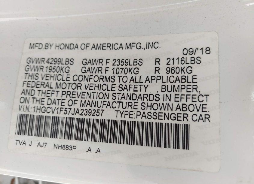 Photo 9 of 2018 Honda Accord EX-L (VIN 1HGCV1F57JA239257)