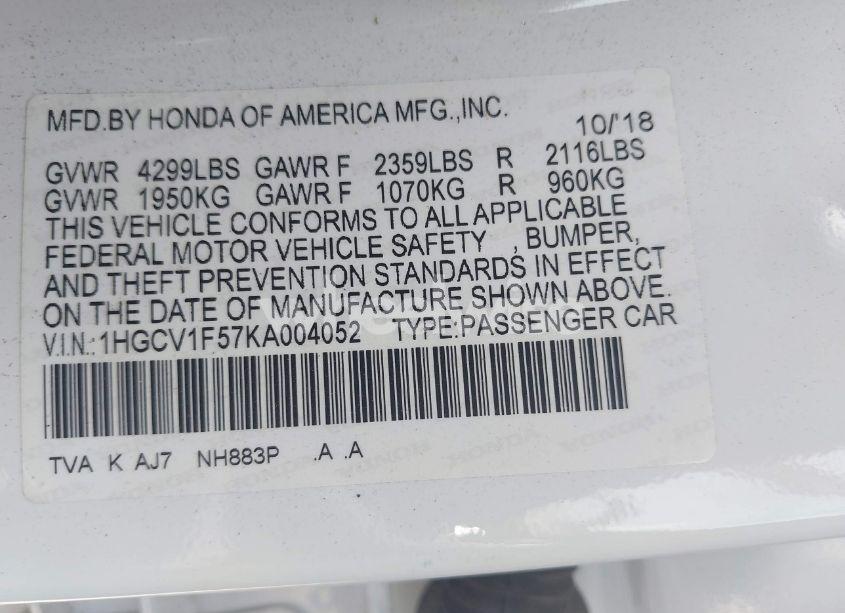 Photo 9 of 2019 Honda Accord EX-L (VIN 1HGCV1F57KA004052)