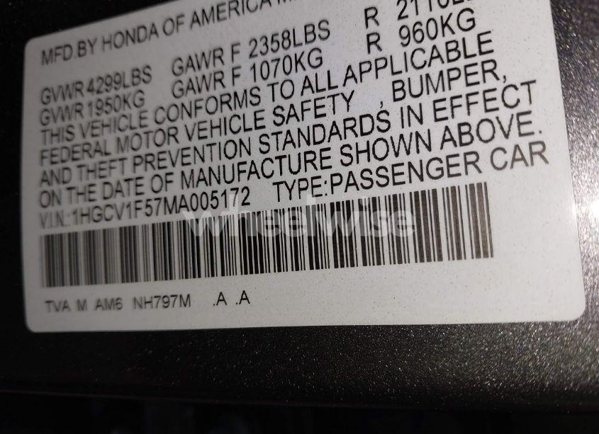 Photo 9 of 2021 Honda Accord EX-L (VIN 1HGCV1F57MA005172)