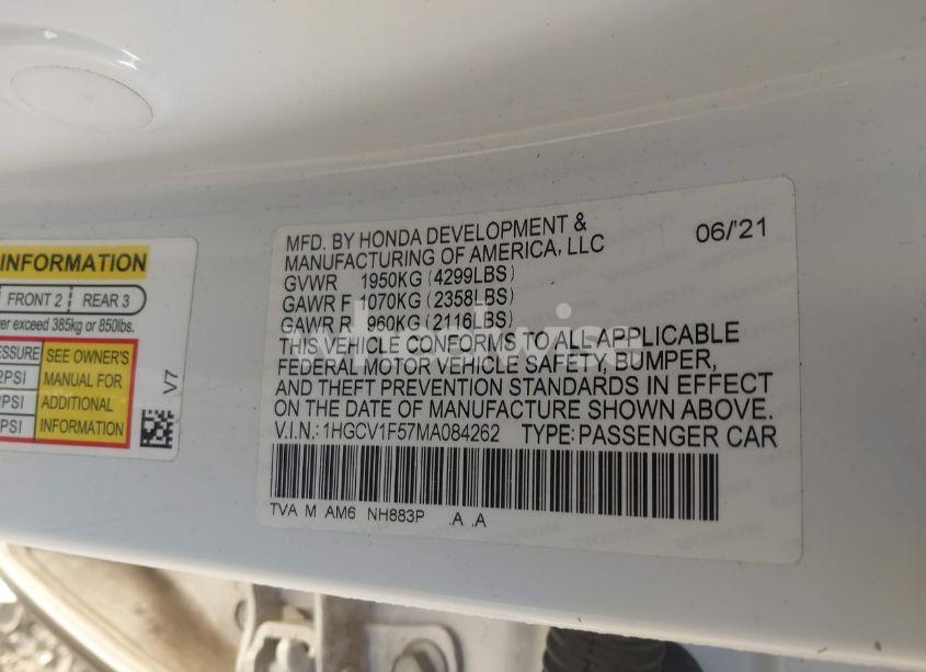 Photo 9 of 2021 Honda Accord EX-L (VIN 1HGCV1F57MA084262)