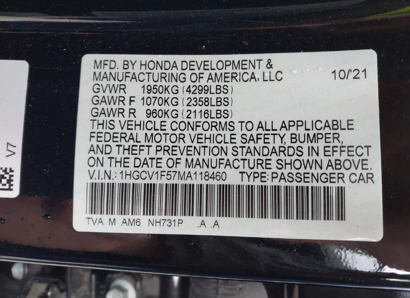 Photo 9 of 2021 Honda Accord EX-L (VIN 1HGCV1F57MA118460)