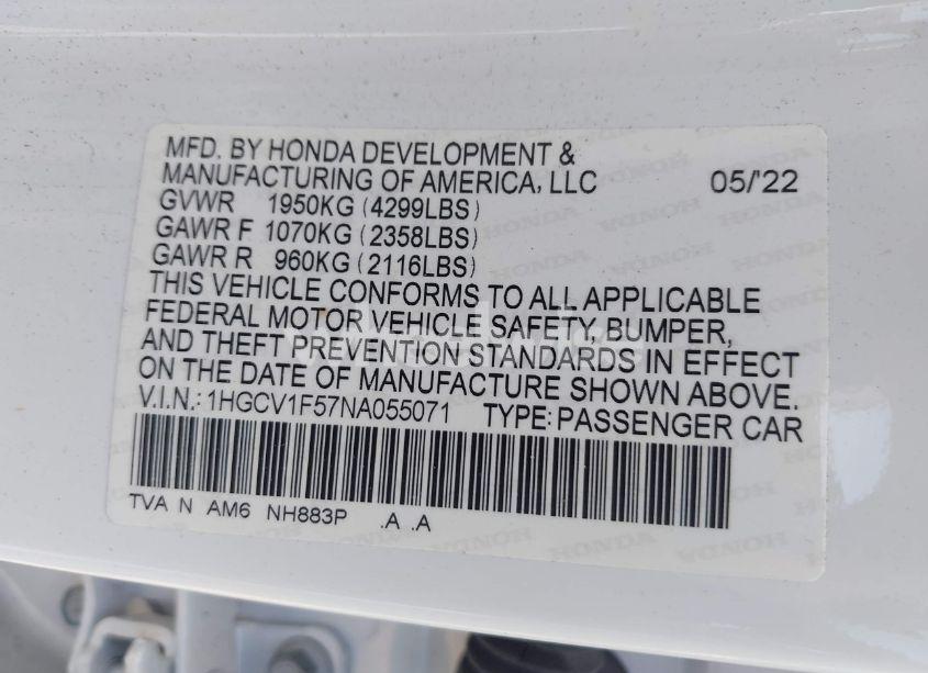 Photo 9 of 2022 Honda Accord EX-L (VIN 1HGCV1F57NA055071)