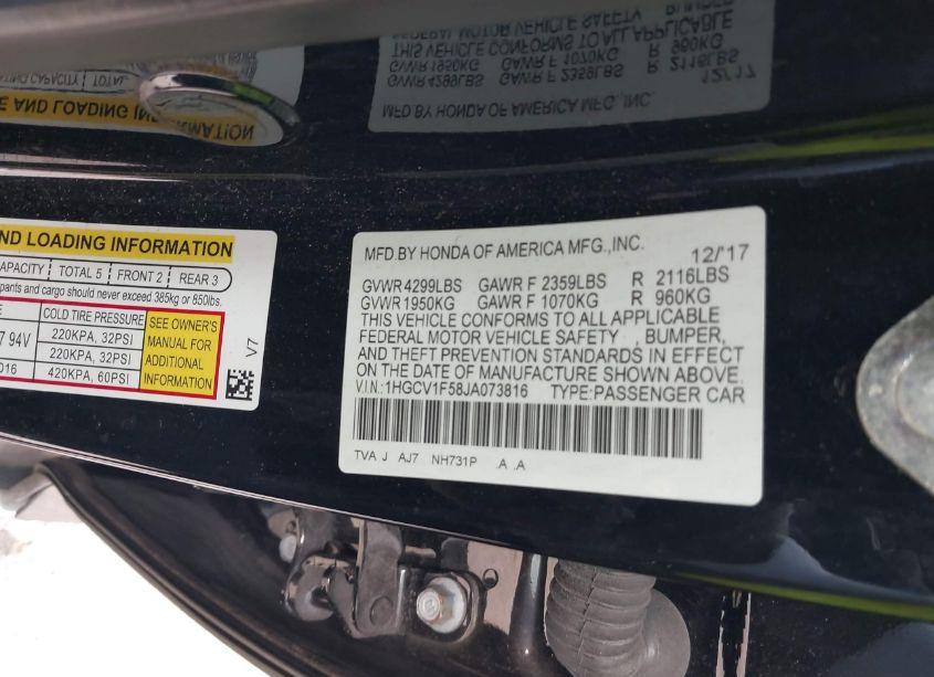 Photo 9 of 2018 Honda Accord EX-L (VIN 1HGCV1F58JA073816)