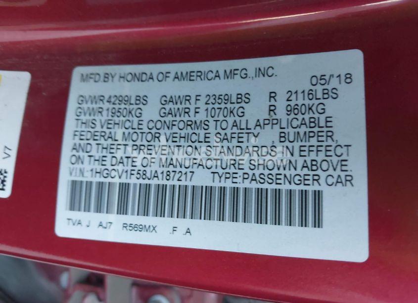 Photo 9 of 2018 Honda Accord EX-L (VIN 1HGCV1F58JA187217)