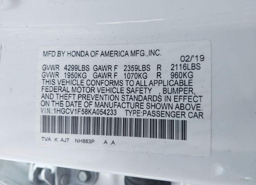 Photo 9 of 2019 Honda Accord EX-L (VIN 1HGCV1F58KA054233)