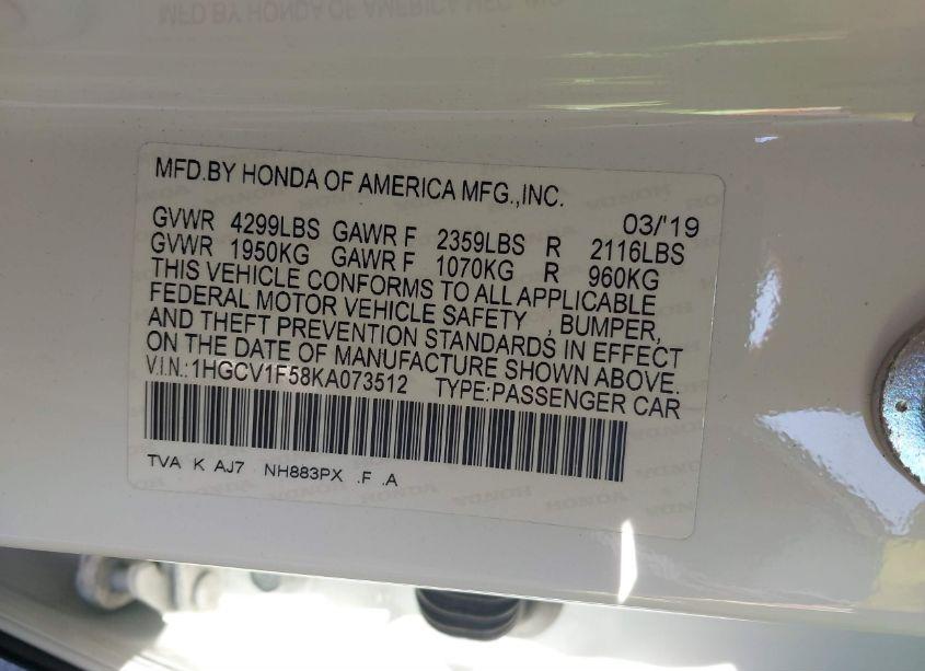 Photo 9 of 2019 Honda Accord EX-L (VIN 1HGCV1F58KA073512)