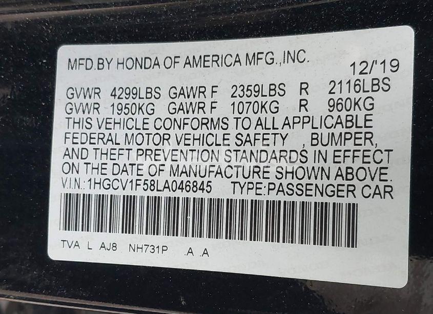 Photo 9 of 2020 Honda Accord EX-L (VIN 1HGCV1F58LA046845)