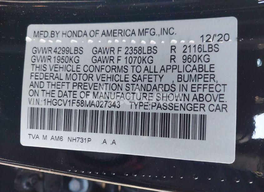 Photo 9 of 2021 Honda Accord EX-L (VIN 1HGCV1F58MA027343)