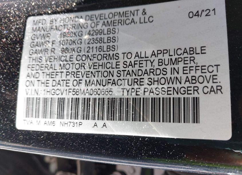 Photo 9 of 2021 Honda Accord EX-L (VIN 1HGCV1F58MA060665)