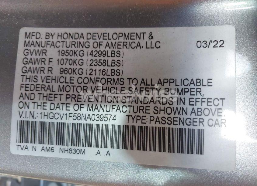 Photo 9 of 2022 Honda Accord EX-L (VIN 1HGCV1F58NA039574)