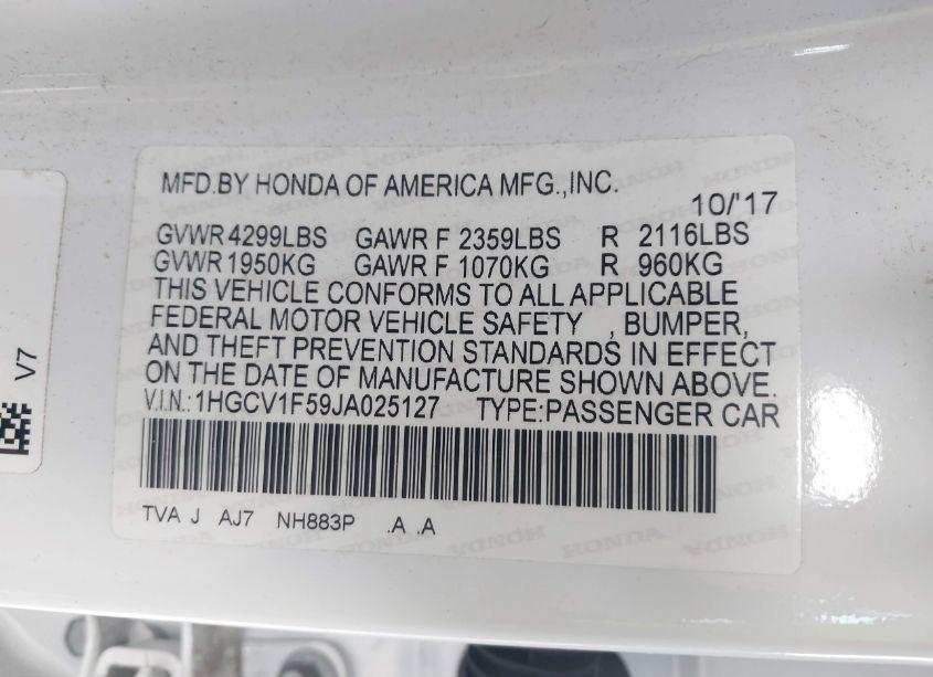 Photo 9 of 2018 Honda Accord EX-L (VIN 1HGCV1F59JA025127)