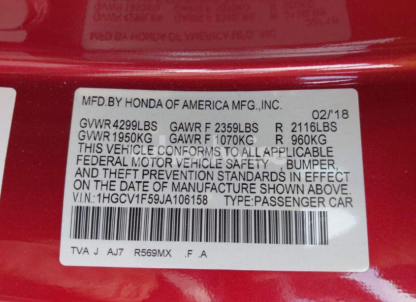 Photo 9 of 2018 Honda Accord EX-L (VIN 1HGCV1F59JA106158)