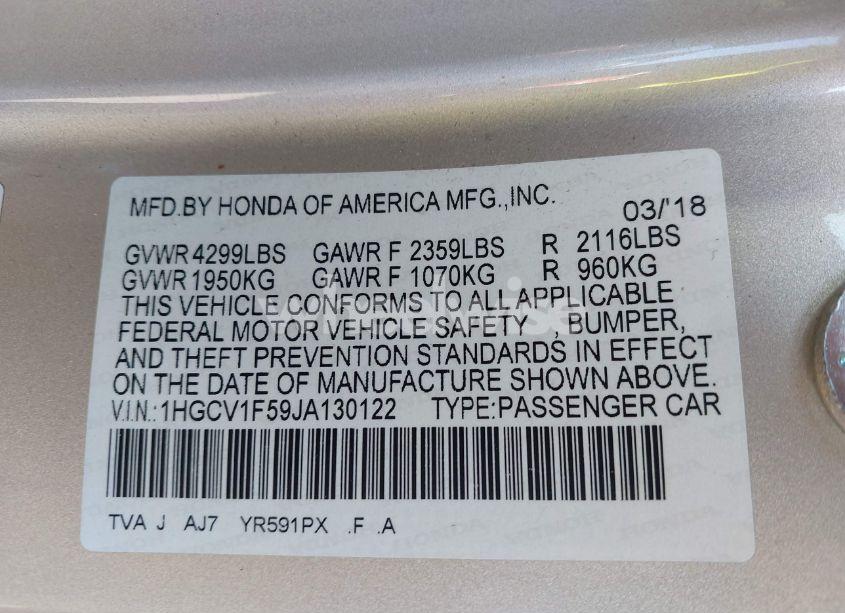 Photo 9 of 2018 Honda Accord EX-L (VIN 1HGCV1F59JA130122)