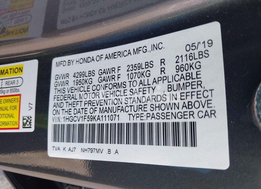 Photo 9 of 2019 Honda Accord EX-L (VIN 1HGCV1F59KA111071)