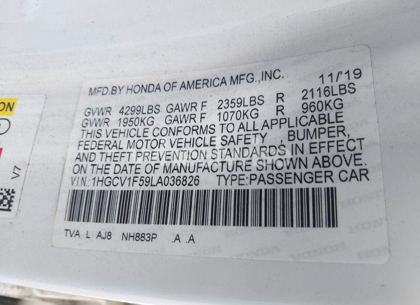 Photo 9 of 2020 Honda Accord EX-L (VIN 1HGCV1F59LA036826)