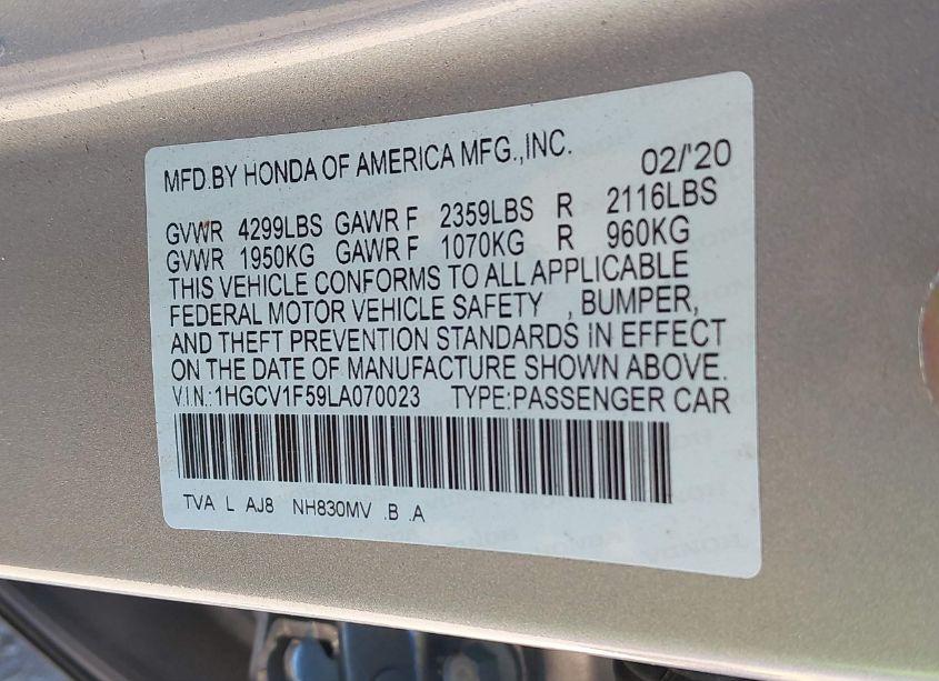 Photo 9 of 2020 Honda Accord EX-L (VIN 1HGCV1F59LA070023)