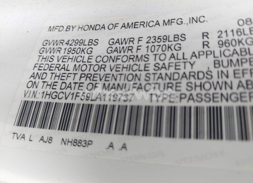 Photo 9 of 2020 Honda Accord EX-L (VIN 1HGCV1F59LA119737)