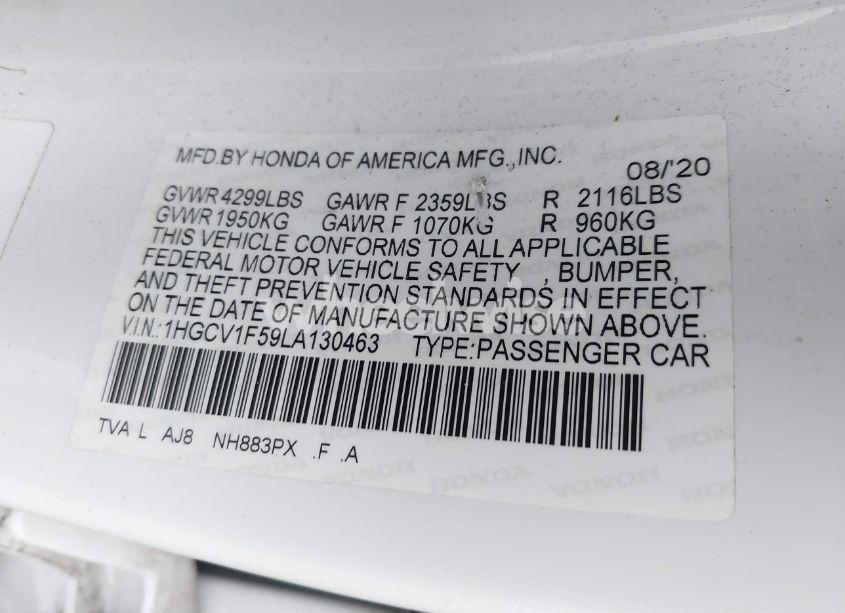 Photo 9 of 2020 Honda Accord EX-L (VIN 1HGCV1F59LA130463)