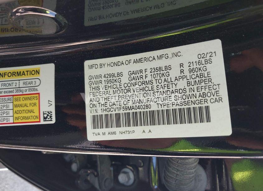 Photo 9 of 2021 Honda Accord EX-L (VIN 1HGCV1F59MA040280)