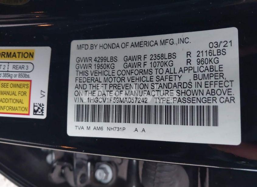 Photo 9 of 2021 Honda Accord EX-L (VIN 1HGCV1F59MA057242)