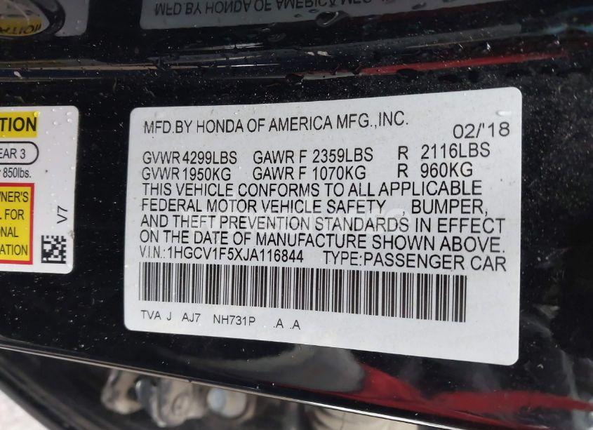 Photo 9 of 2018 Honda Accord EX-L (VIN 1HGCV1F5XJA116844)