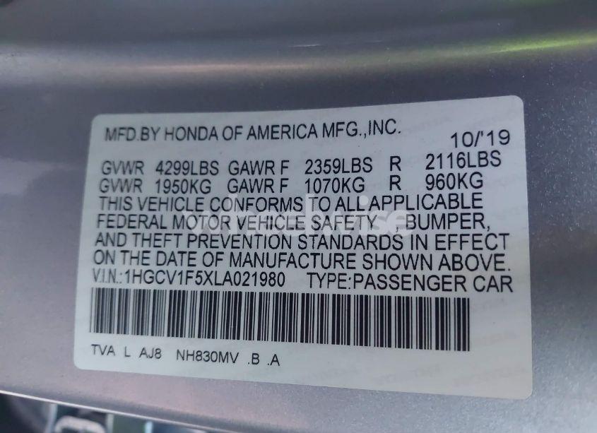 Photo 9 of 2020 Honda Accord EX-L (VIN 1HGCV1F5XLA021980)