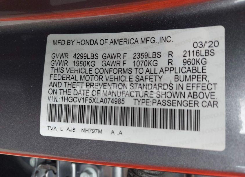 Photo 9 of 2020 Honda Accord EX-L (VIN 1HGCV1F5XLA074985)