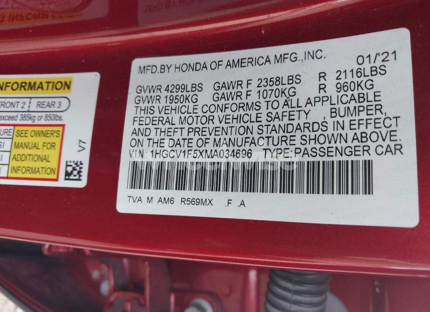 Photo 9 of 2021 Honda Accord EX-L (VIN 1HGCV1F5XMA034696)