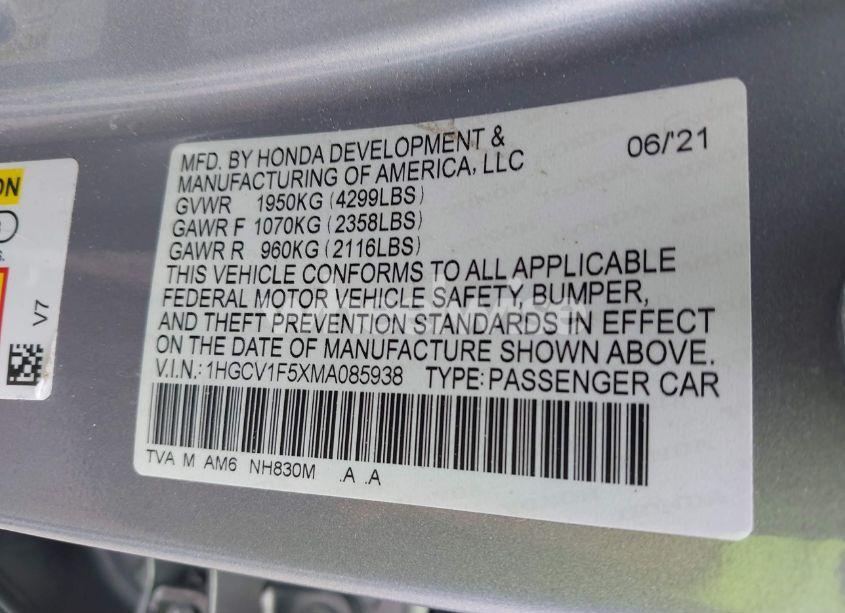 Photo 9 of 2021 Honda Accord EX-L (VIN 1HGCV1F5XMA085938)