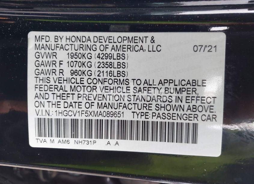 Photo 9 of 2021 Honda Accord EX-L (VIN 1HGCV1F5XMA089651)