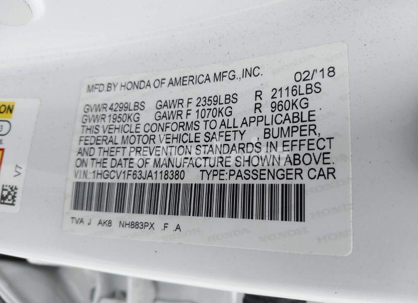 Photo 9 of 2018 Honda Accord EX-L (VIN 1HGCV1F63JA118380)