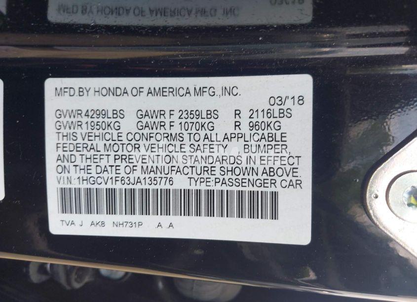Photo 9 of 2018 Honda Accord EX-L (VIN 1HGCV1F63JA135776)