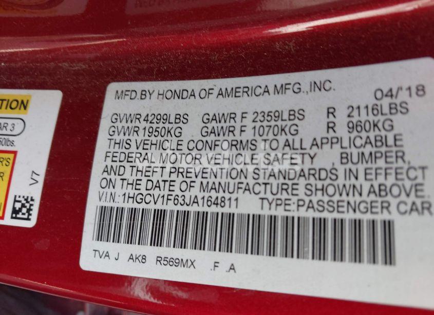 Photo 9 of 2018 Honda Accord EX-L (VIN 1HGCV1F63JA164811)