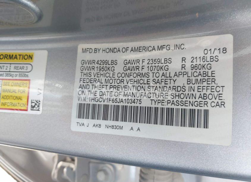 Photo 9 of 2018 Honda Accord EX-L (VIN 1HGCV1F65JA103475)