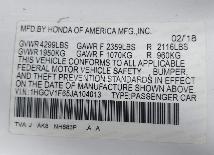 Photo 9 of 2018 Honda Accord EX-L (VIN 1HGCV1F65JA104013)