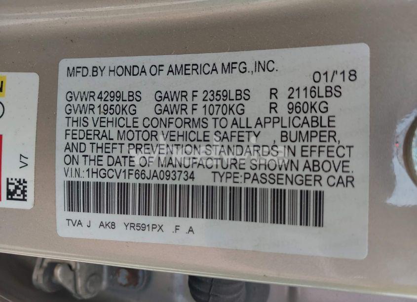 Photo 9 of 2018 Honda Accord EX-L (VIN 1HGCV1F66JA093734)