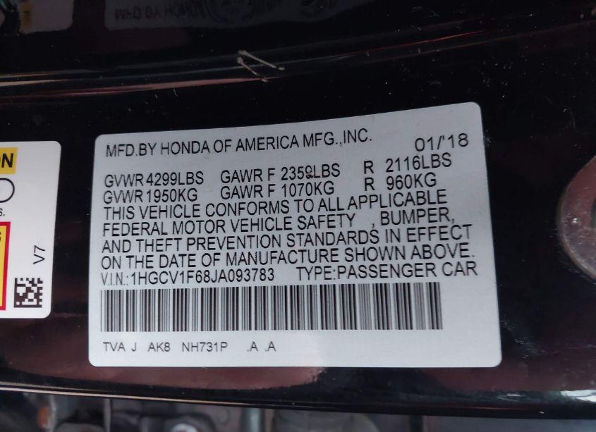 Photo 9 of 2018 Honda Accord EX-L (VIN 1HGCV1F68JA093783)