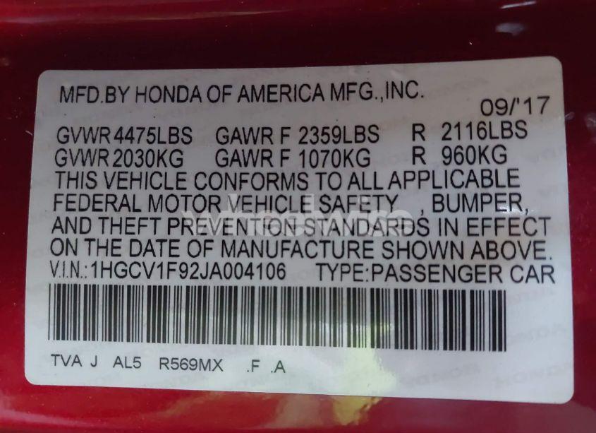 Photo 9 of 2018 Honda Accord TOURING (VIN 1HGCV1F92JA004106)