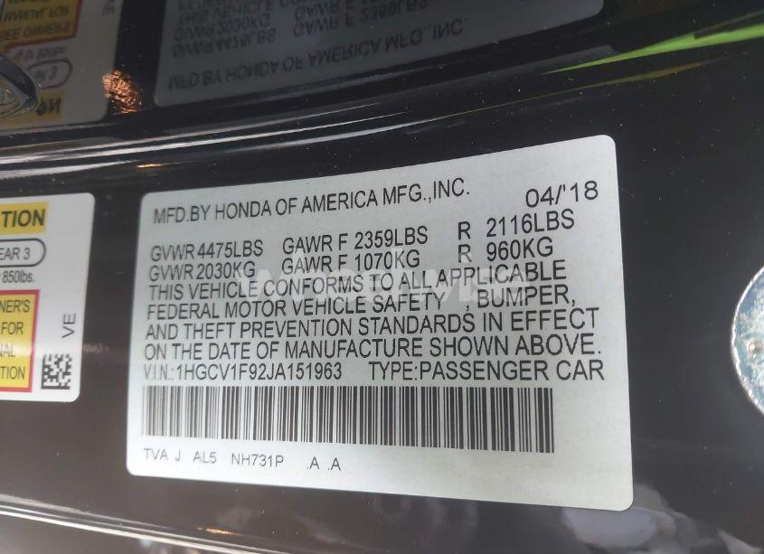 Photo 9 of 2018 Honda Accord TOURING (VIN 1HGCV1F92JA151963)